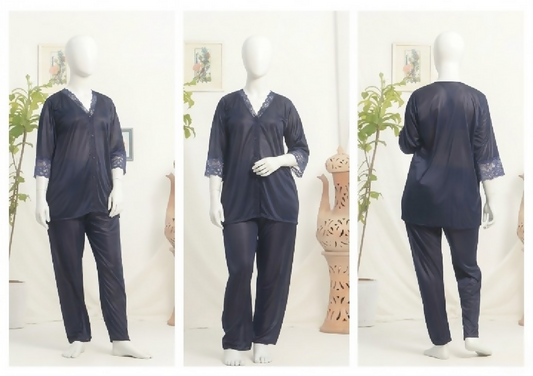 Womens Luxury Silk Satin Pajama Set with Elegant Lace Trim SKU R-010 Free Size