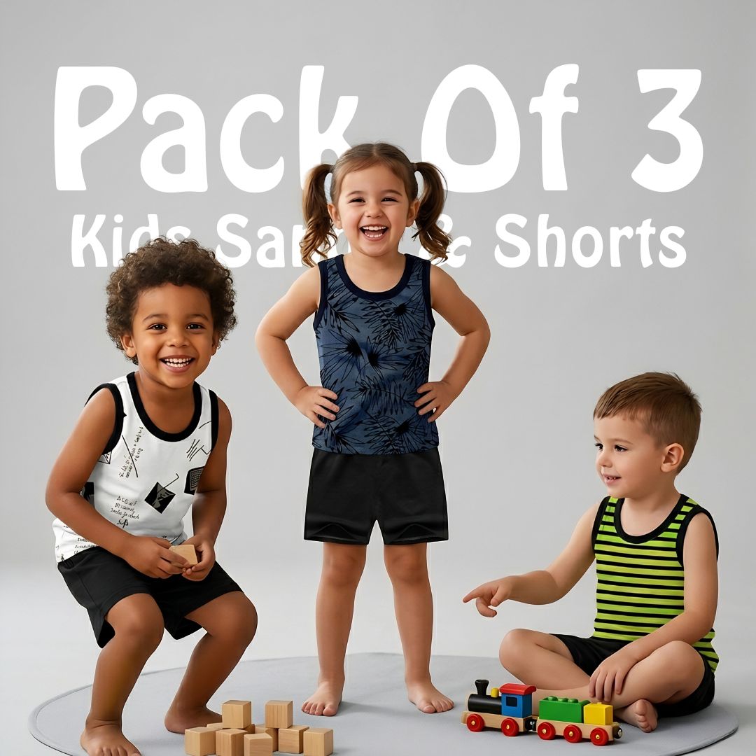 Kids Sandos & Shorts | Pack Of 3 | Printed Lines, Flowers & Doodles