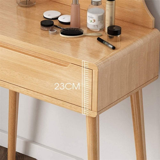 Nordic Solid Wood Makeup Desk with Mirror & Drawers – Space Saving Mini Dresser (60cm / 70cm)