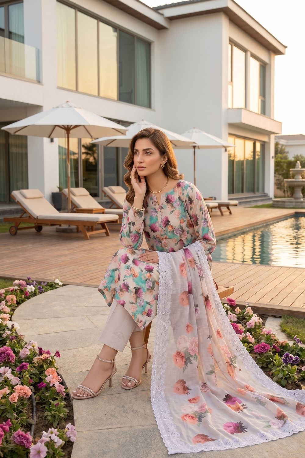 3-Piece Unstitched Printed Lawn Suit with Two-Sided Embroidered Dupatta | Mushtaq Esha Collection – Design 3