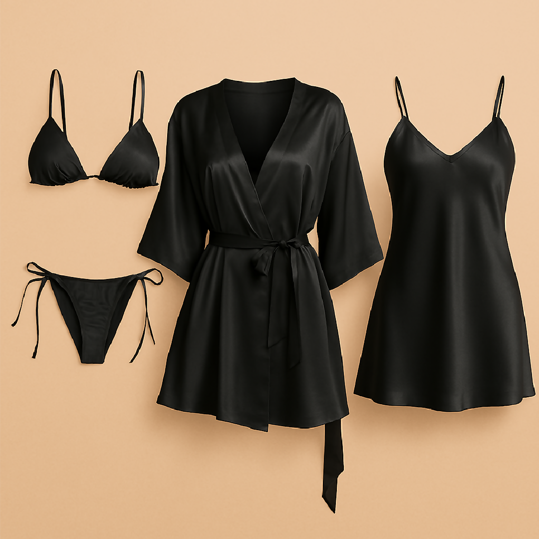 4 Pcs-Style Satin Lingerie Set - Bikini Slip Dress and Robe Combo - Free Size