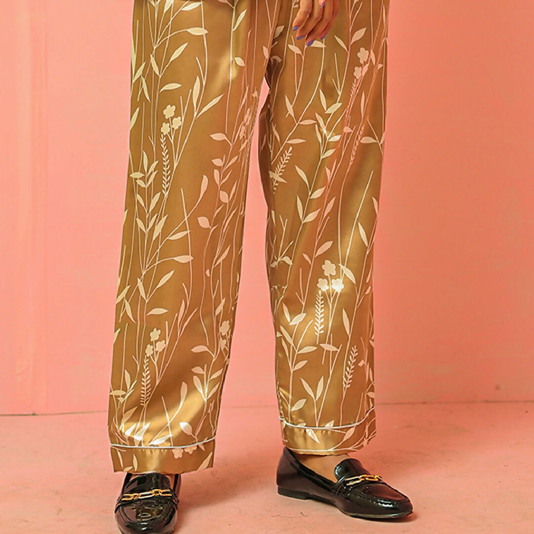 Golden Leaf Satin Night Suit – Elegant Womens Two-Piece Sleepwear Set