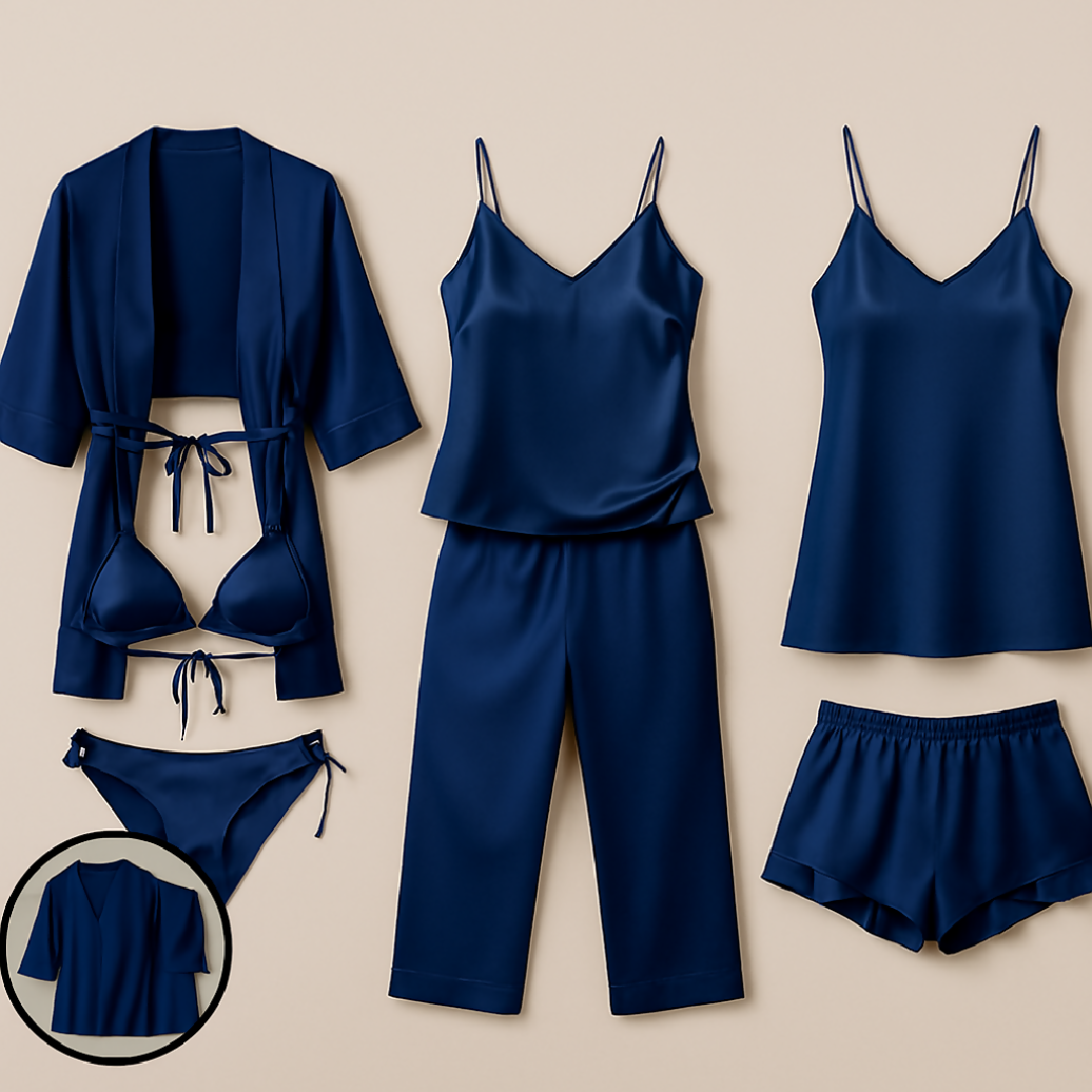 7-Piece Satin Sleepwear and Lingerie Set for Women - Luxury Nightwear Collection with Robe and Slip Dress