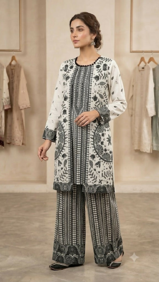 Womens Stitched 2 Piece Lawn Cotton Suit Ready to Wear Printed Kurti Matching Printed Trouser Elegant Pakistani Ladies Dress