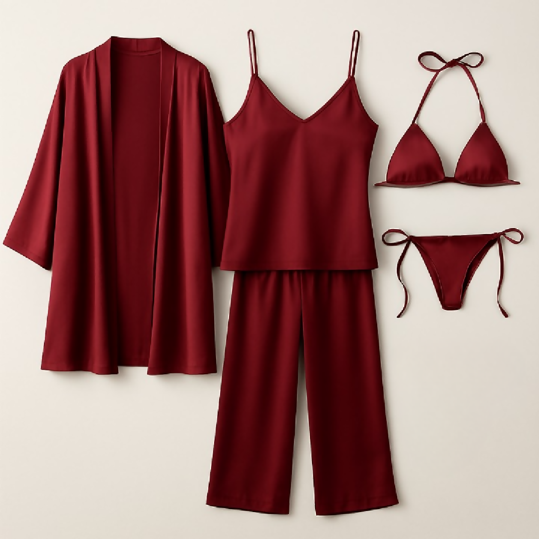 5-Piece Satin Sleepwear Set - Robe Camisole Pants and Bikini Nightwear - Free Size