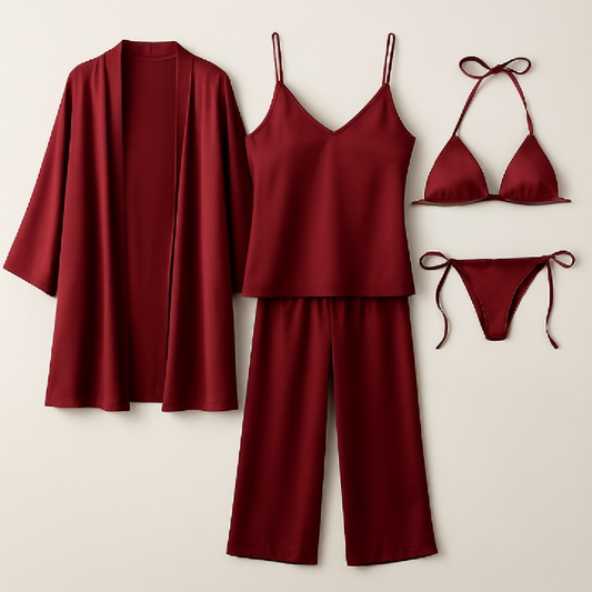 5-Piece Satin Sleepwear Set - Robe Camisole Pants and Bikini Nightwear - Free Size