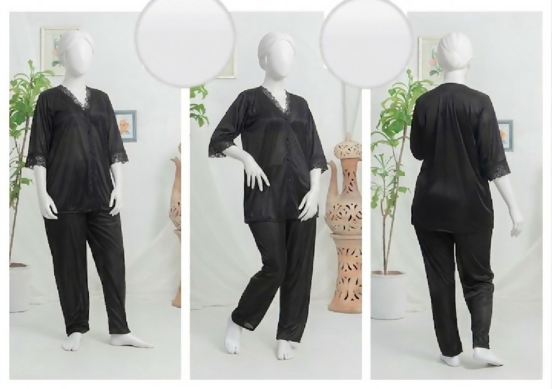 Womens Luxury Silk Satin Pajama Set with Elegant Lace Trim SKU R-010 Free Size