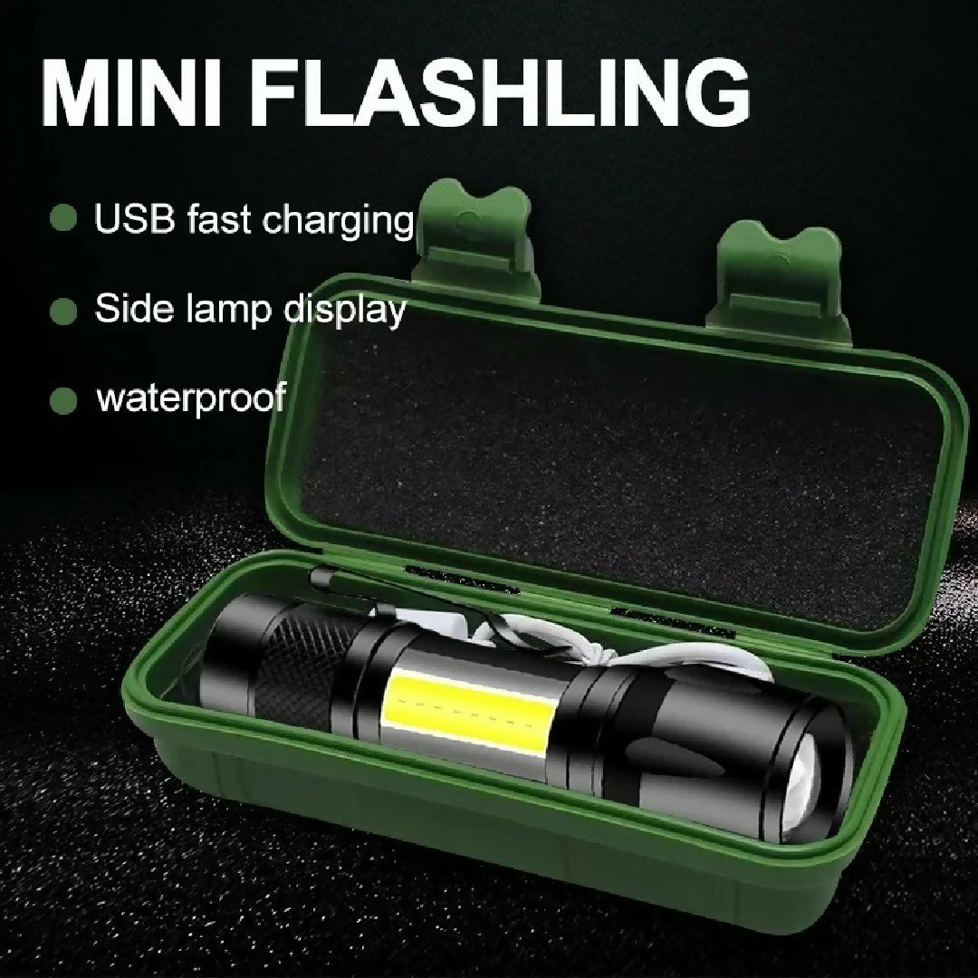 Portable LED Flashlight - Mini Rechargeable Torch with Side Light and Waterproof Metal Body