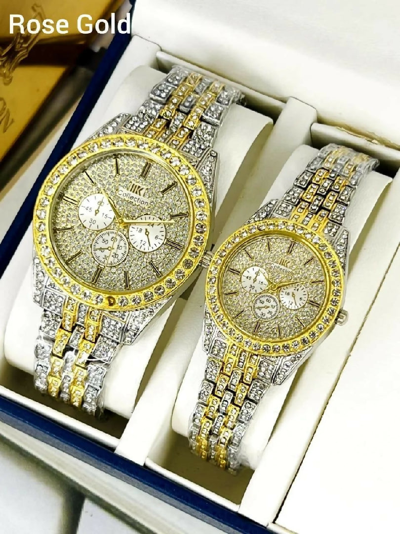 Luxury Diamond Accented Couple Watch Set Without Box Golden