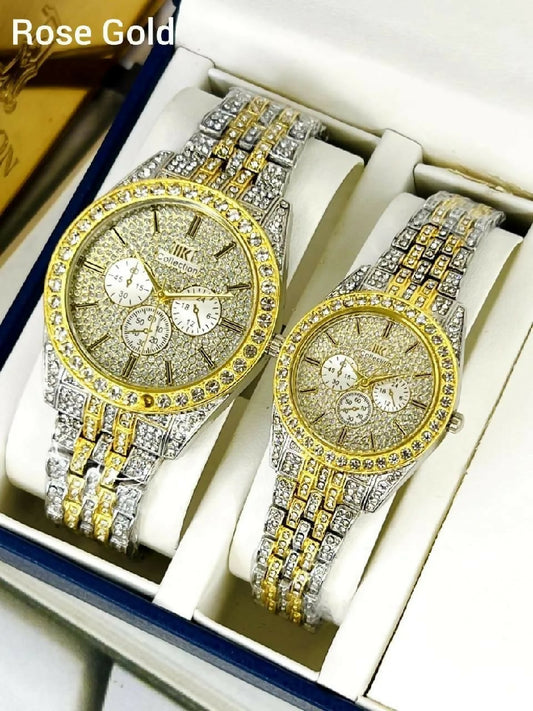Luxury Diamond Accented Couple Watch Set Without Box Golden