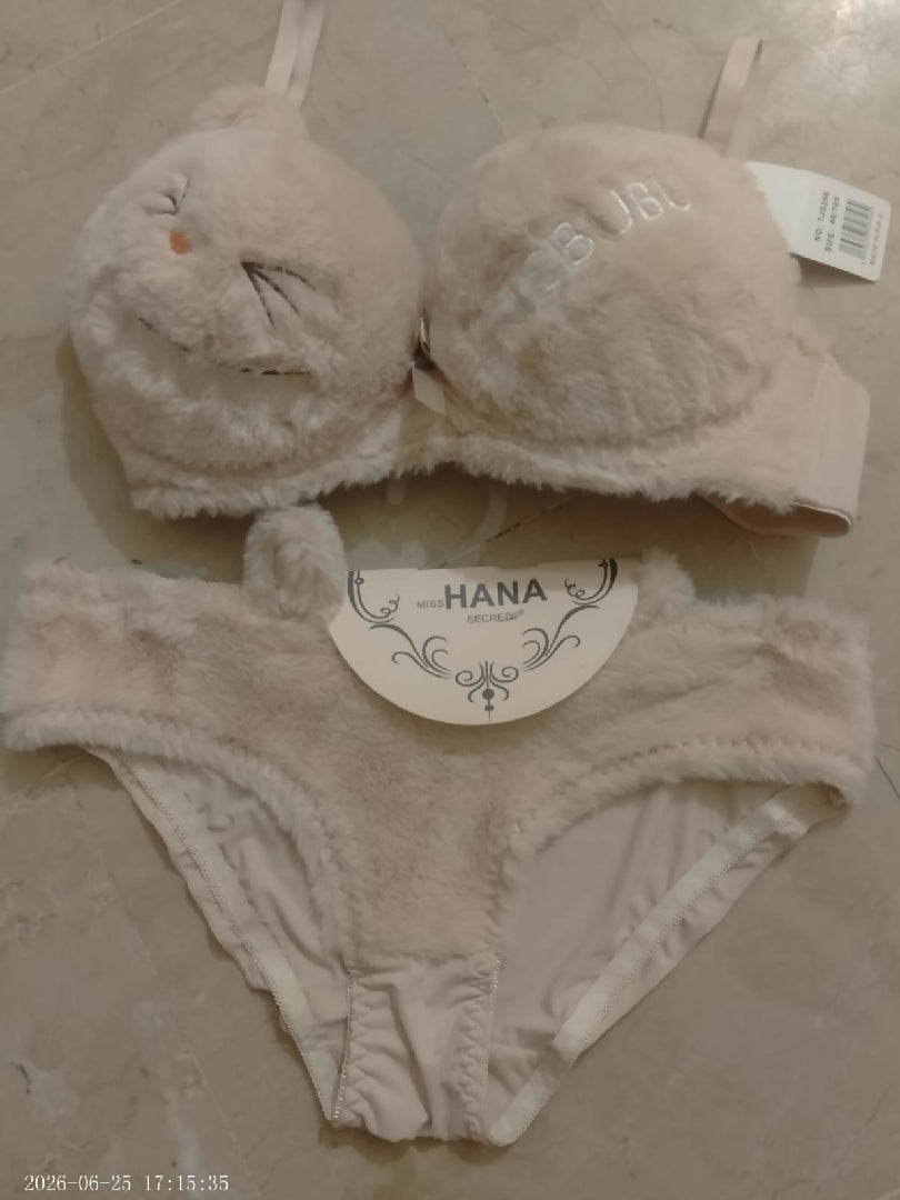Copy of Cute Fur Style Double Padded Woolen Bikini Set Soft Beige Plush Bra Panty Lingerie Set