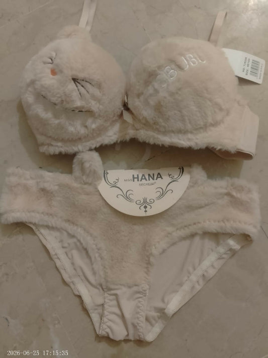 Copy of Cute Fur Style Double Padded Woolen Bikini Set Soft Beige Plush Bra Panty Lingerie Set