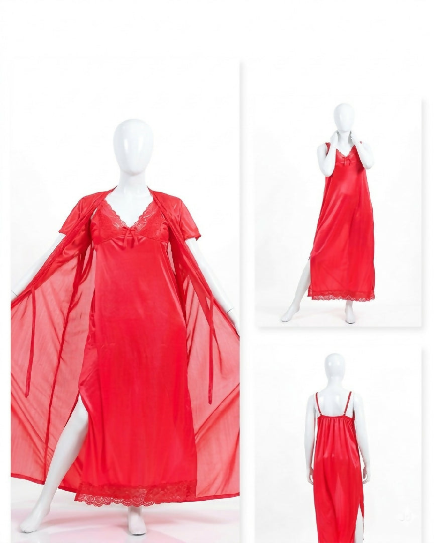 2 Pcs Premium Silk Lace Womens Sleepwear Set Inner Gown Nightwear Size Free