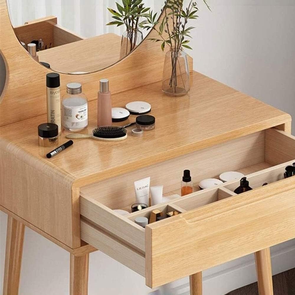 Nordic Solid Wood Makeup Desk with Mirror & Drawers – Space Saving Mini Dresser (60cm / 70cm)