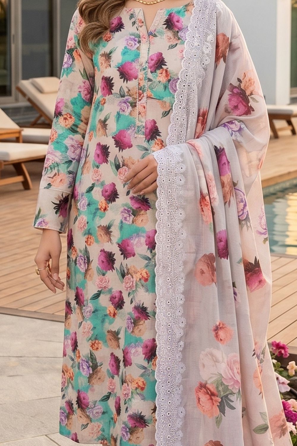3-Piece Unstitched Printed Lawn Suit with Two-Sided Embroidered Dupatta | Mushtaq Esha Collection – Design 3
