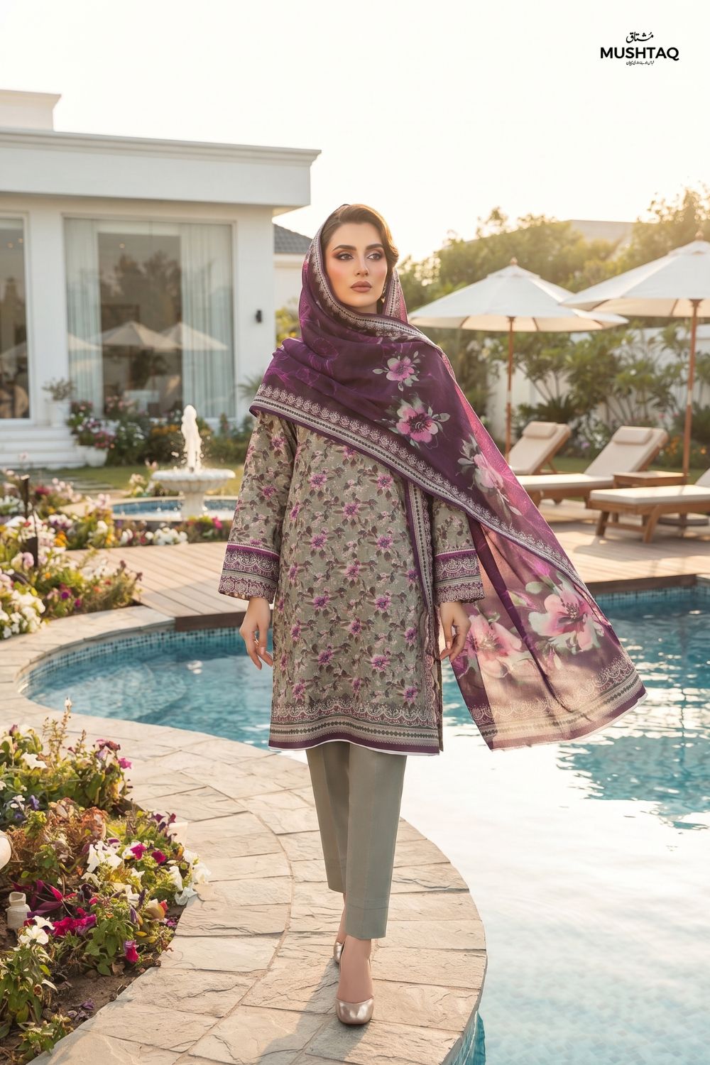 Mushtaq 3Pcs Unstitched Printed Lawn Aizal Collection Desgin - 3