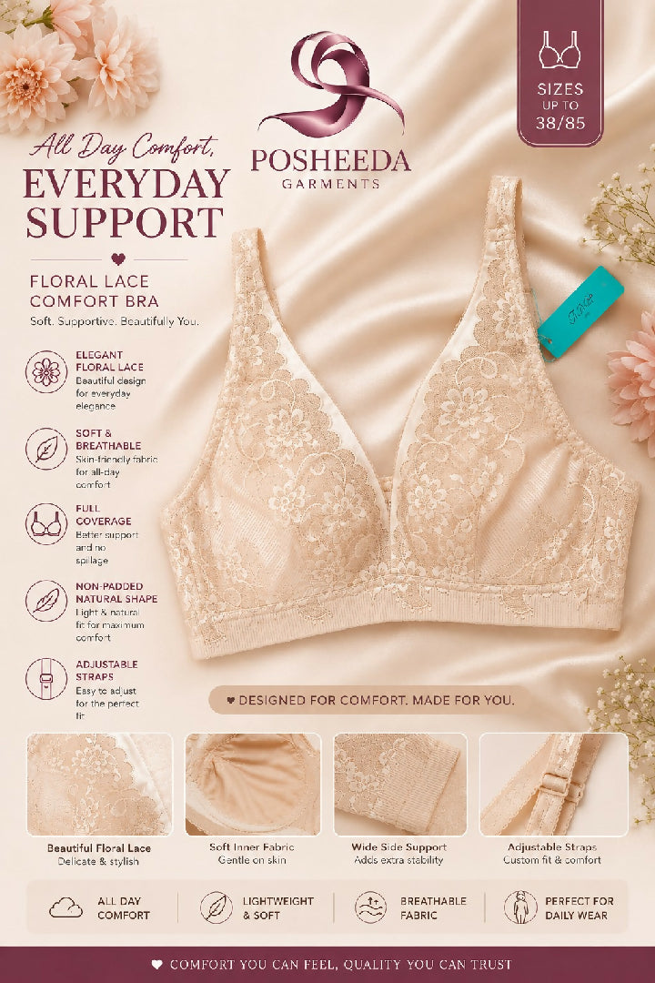 Posheeda Premium Floral Comfort Bra Full Coverage Wireless Everyday Support Bra