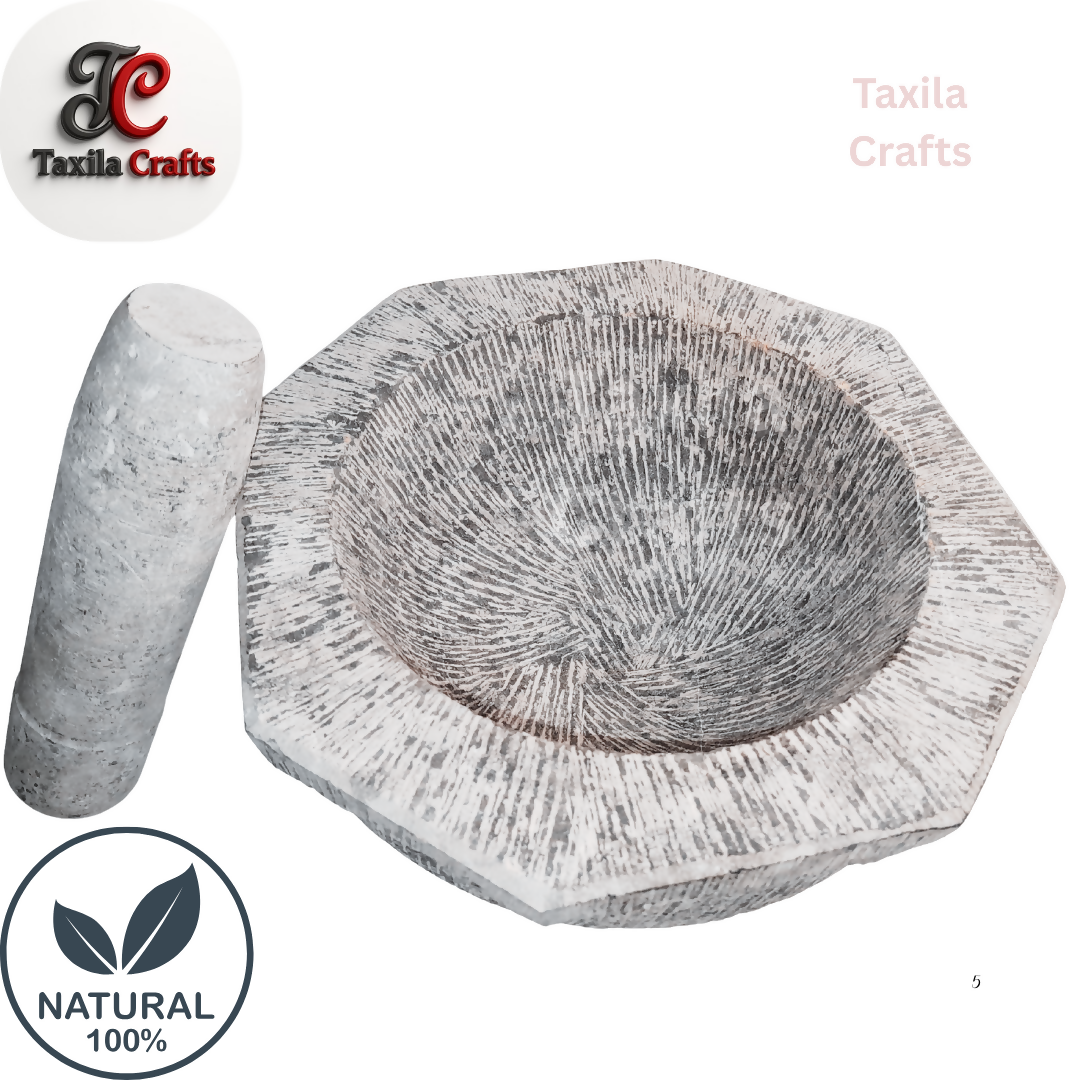 Large Size 10 Inch Handmade 8 Sided Black Stone Mortar with Stone Pestle Fully Textured Taxila Hills Stone