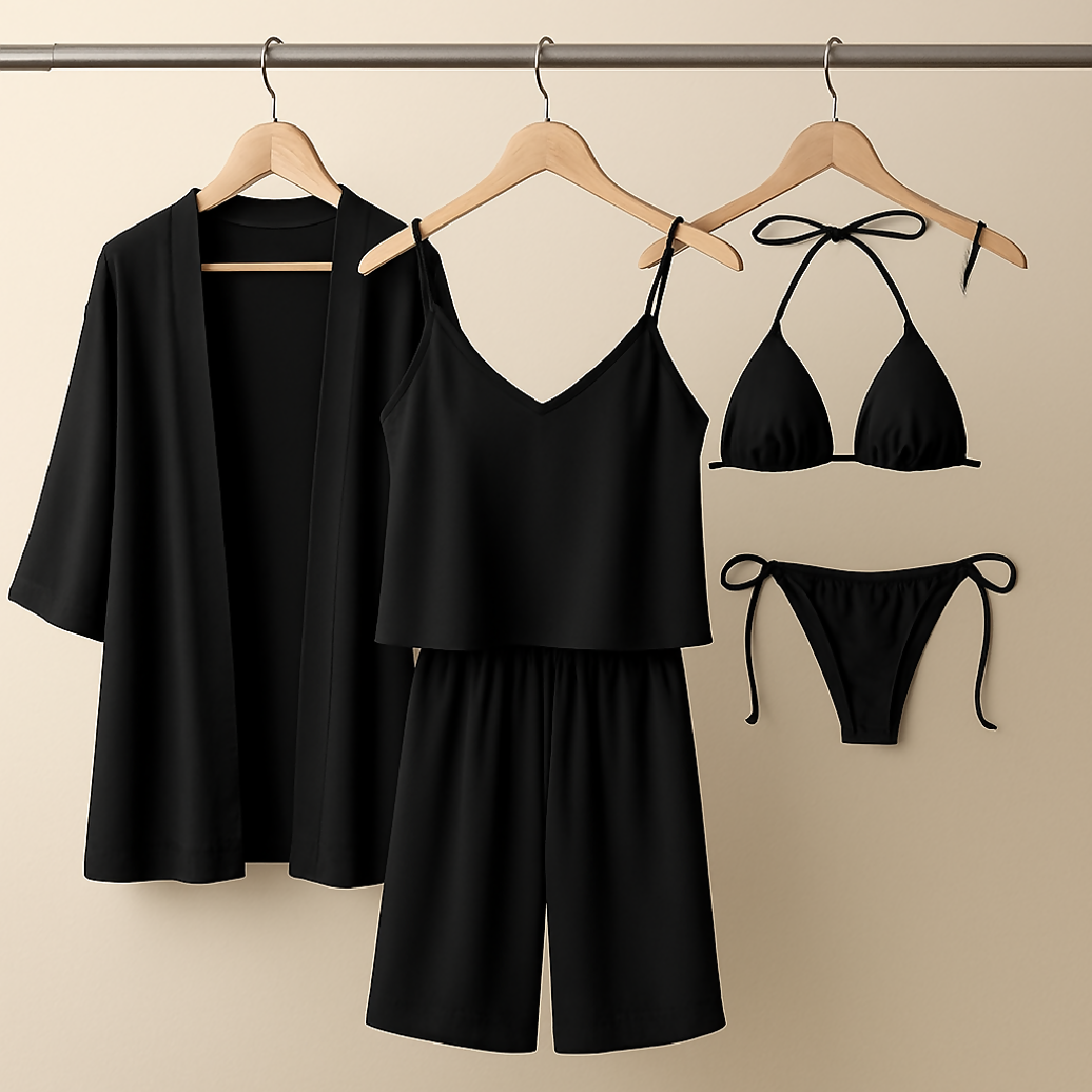 5-Piece Satin Sleepwear Set - Robe Camisole Pants and Bikini Nightwear - Free Size