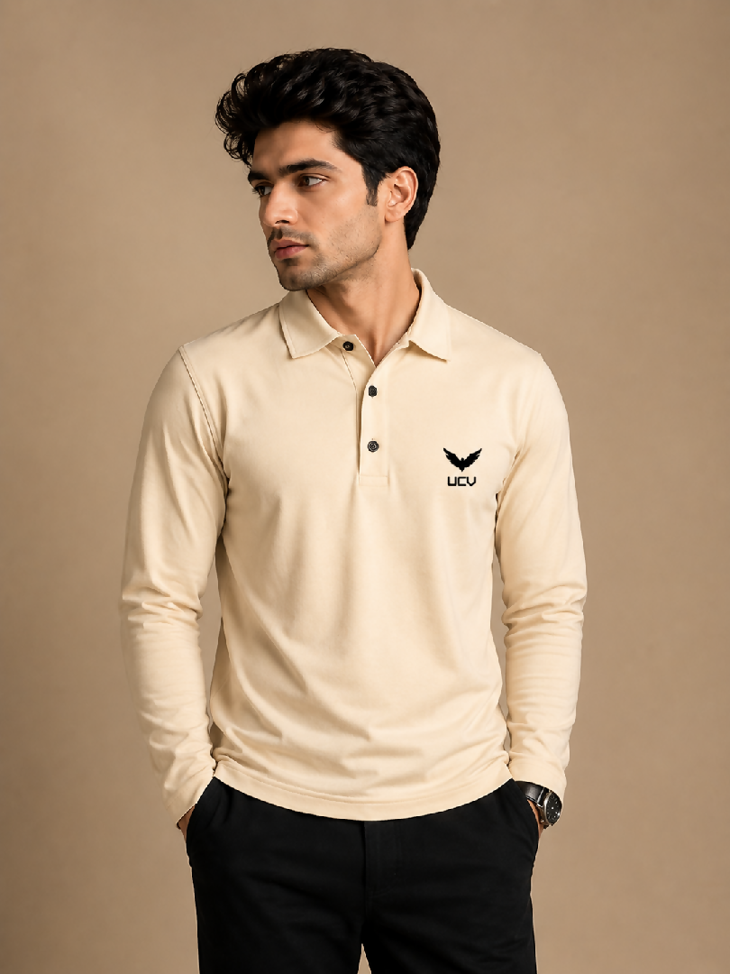 Cream Color Full Sleeve Polo Shirt Polyester and Spandex Dri Fit