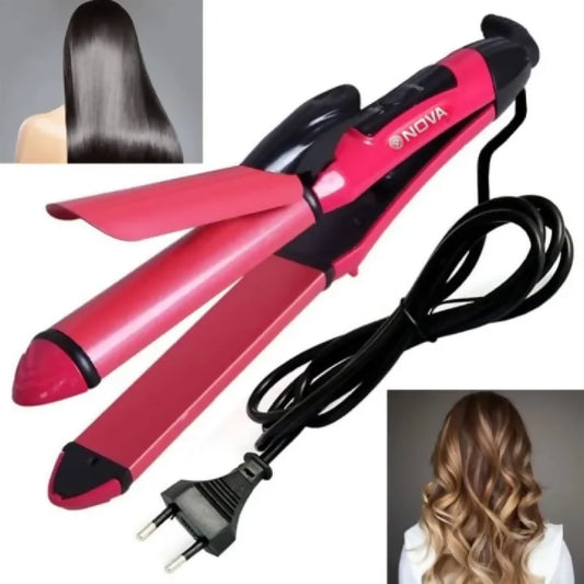 Nova 2-in-1 Hair Straightener and Curler - Model NH-2009 - Quick Heat-Up Ceramic Plates for Smooth Straightening and Effortless Curls - Portable Dual-Use Styling Tool for All Hair Types