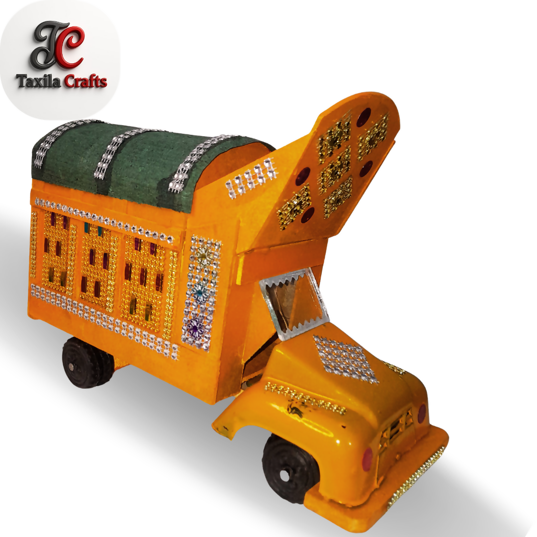 Handmade Yellow Mini Truck Art Decorative Showpiece Wooden and Hardboard Model 11 Inch