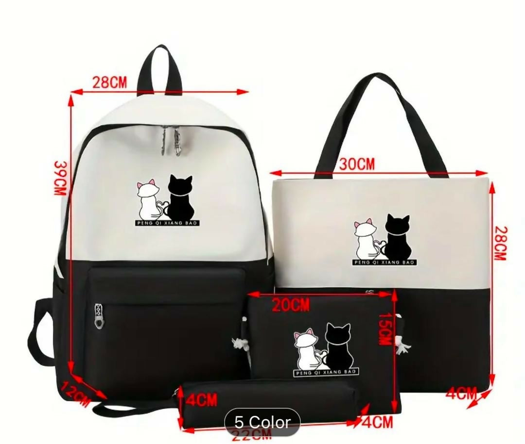 Cute Cat Print 5-in-1 School Bag Set for Girls - Backpack - Handbag - Crossbody Pouch - Pencil Case - Lunch Bag