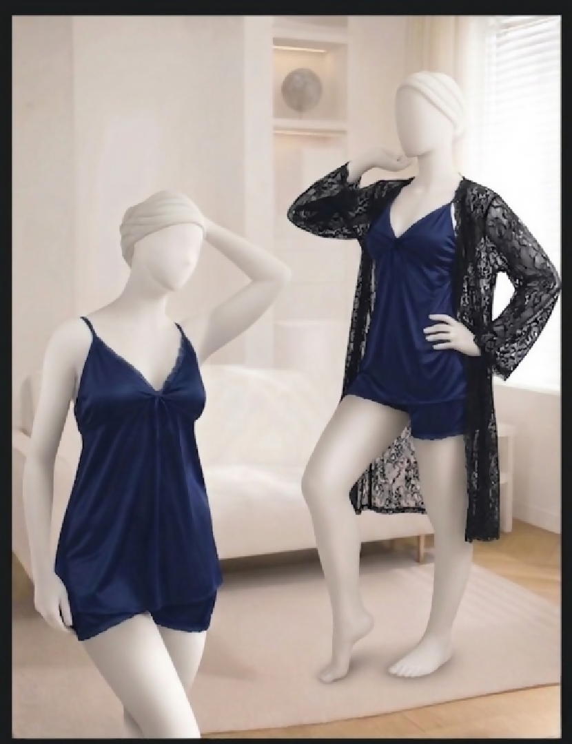3-Piece Womens Sleepwear Set Camisole Shorts Lace Gown Soft Satin Nightwear Free Size