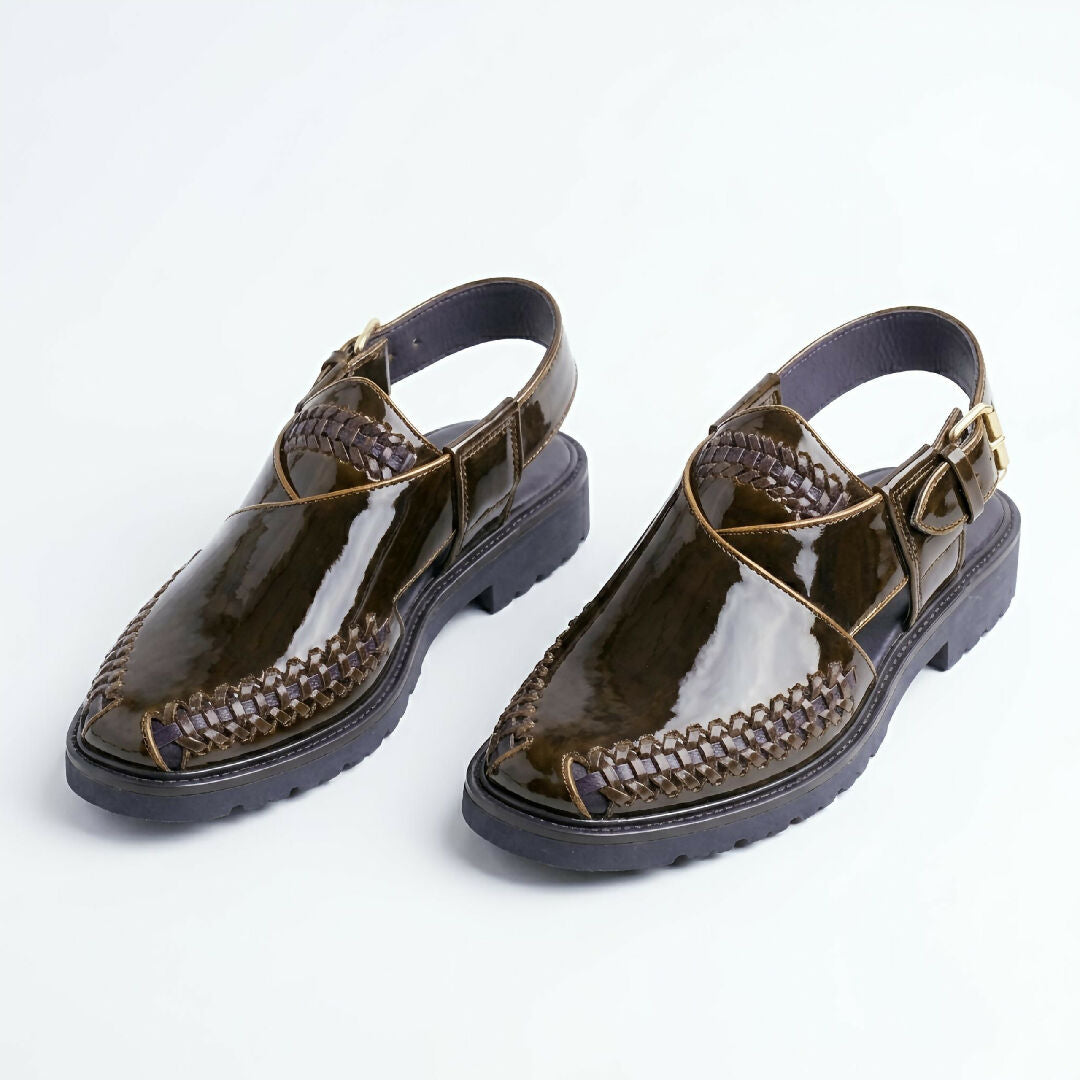 Premium Hand Crafted Dark Chocolate Brown Peshawari Chappal for Men Shiny Leather Sandals