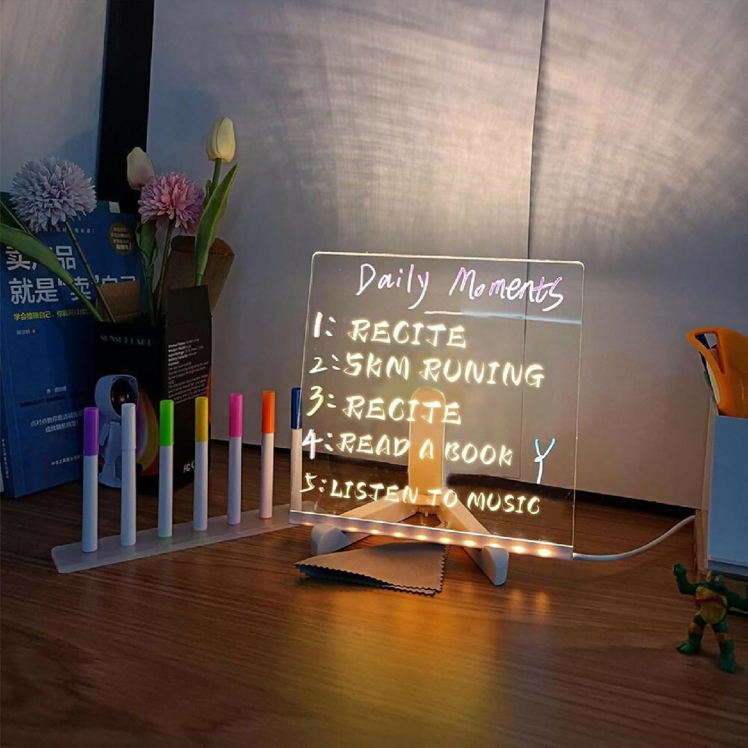 Transparent Acrylic LED Dry Erase Message Board 20x20cm White Stand With Glowing Display