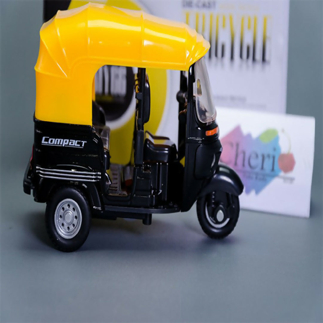 Toy Diecast Auto Rickshaw car Motor Tricycle Miniature Bemo Music Sound Light Model Free wheel can slide run like real CLASSIC TRICYCLE Three wheeled motorcycle alloy car model children taxi