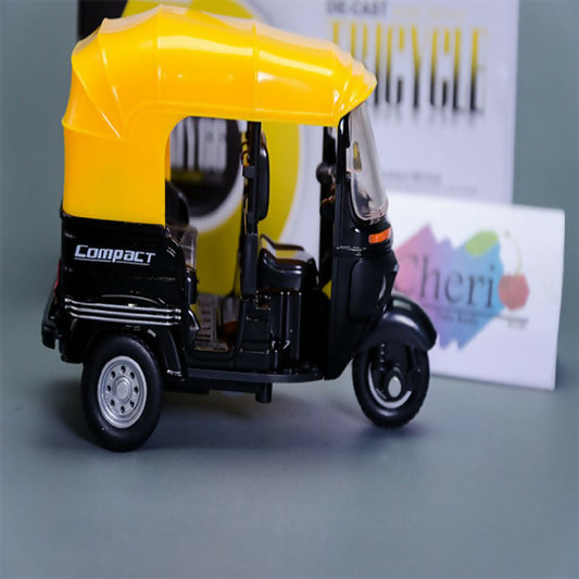 Toy Diecast Auto Rickshaw car Motor Tricycle Miniature Bemo Music Sound Light Model Free wheel can slide run like real CLASSIC TRICYCLE Three wheeled motorcycle alloy car model children taxi