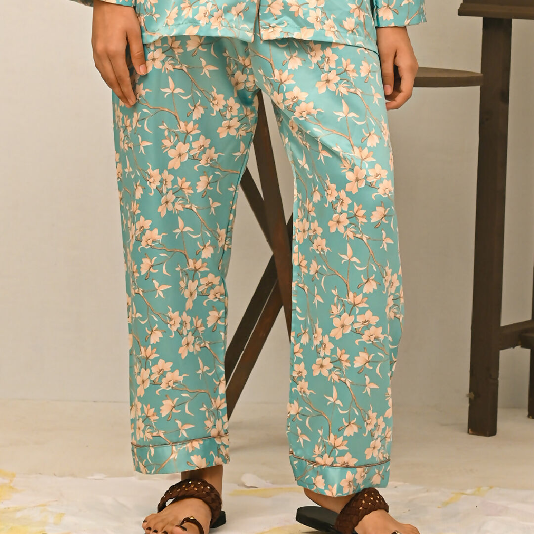 Sky Blue Floral Cotton Night Suit – Womens Comfortable Two-Piece Sleepwear Set