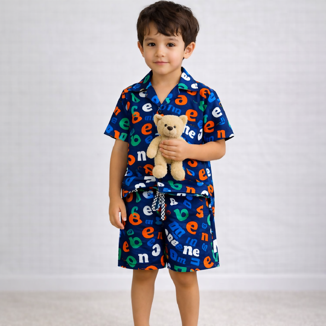 Kids Printed Linen Short Pajama Set