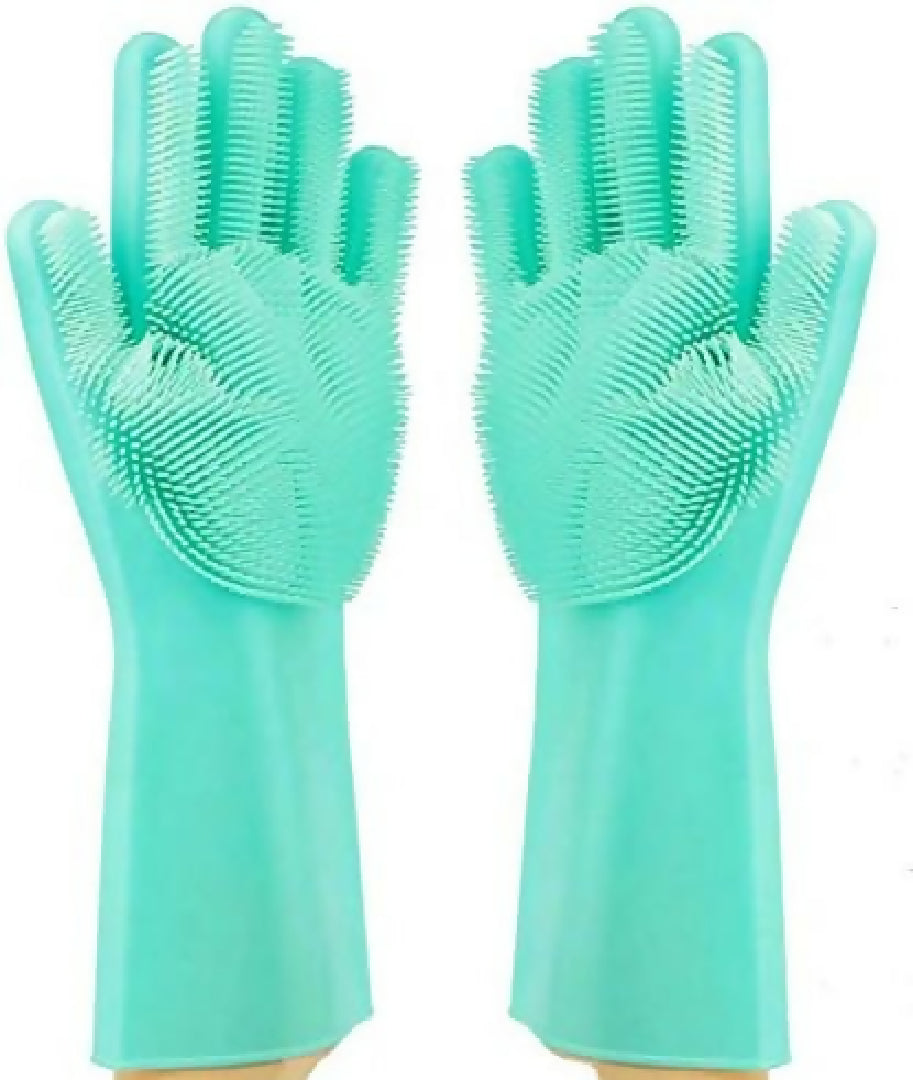 Silicone Washing Gloves Reusable Dishwashing Scrubber Gloves with Built-in Brush