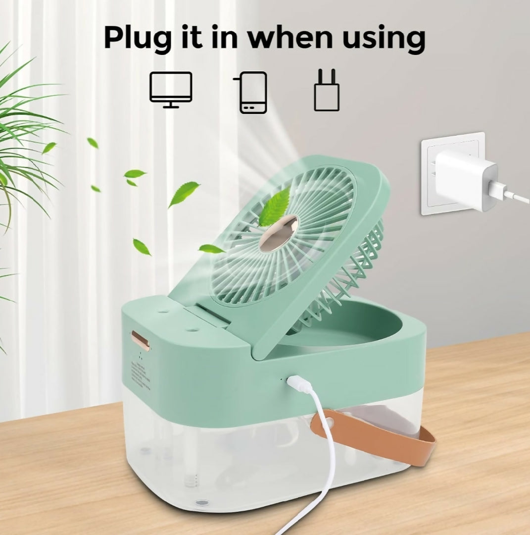 Mini Fan with Cool Mist - Portable Air Cooler - USB Table Fan - Desk Fan with 3 Wind Modes and Brightness Adjustment - Table Fan for Home - Office