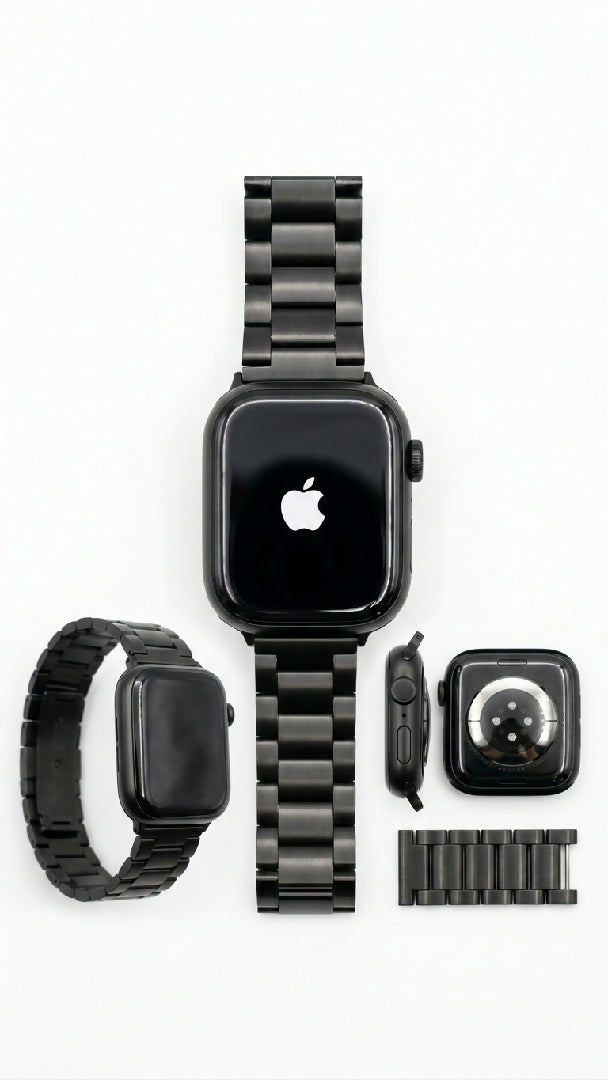 Apple Logo Smart Watch with Stainless Steel Metal Chain Strap Luxury And Premium Black And Silver Smartwatch
