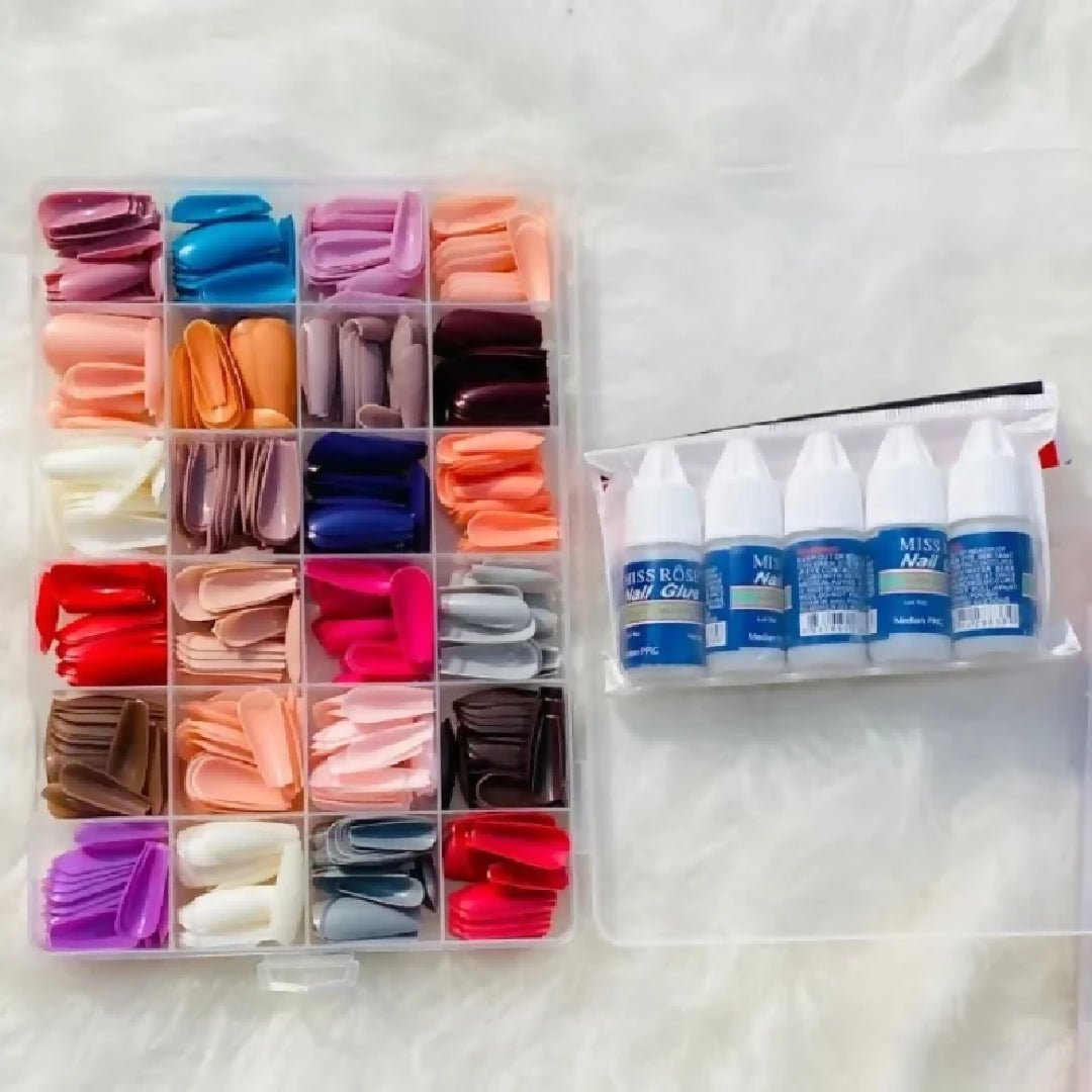 Multicolor Acrylic Artificial Nails Kit Full Cover Nails with Glue 24 Shades 576 Pcs