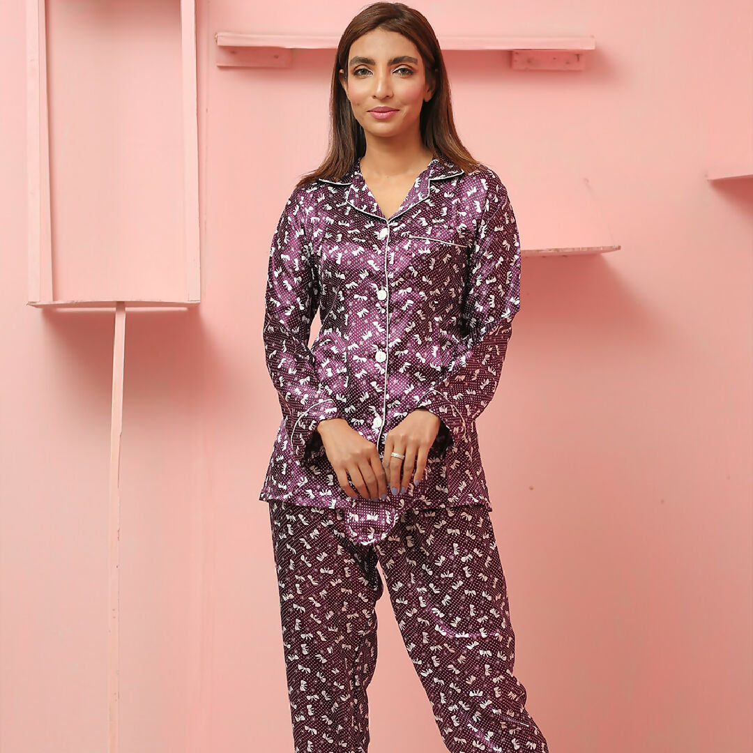 Elegant Purple Printed Cotton Pajama Set for Women – Button-Down Nightwear