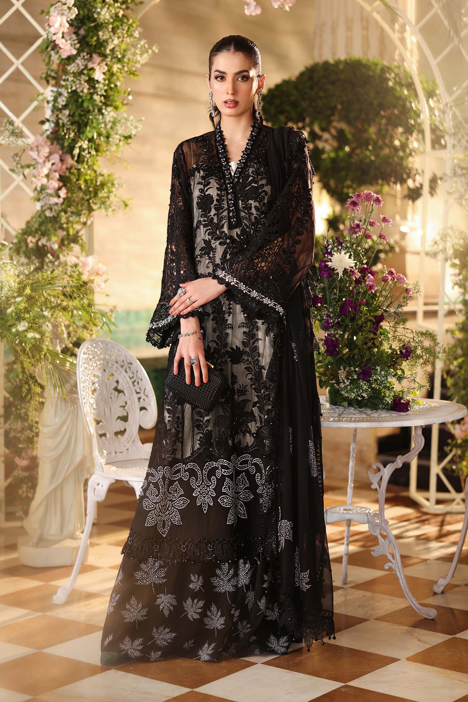 Maria B 3 Piece Unstitched Embroidered Chiffon Suit MPC-26-101-Black