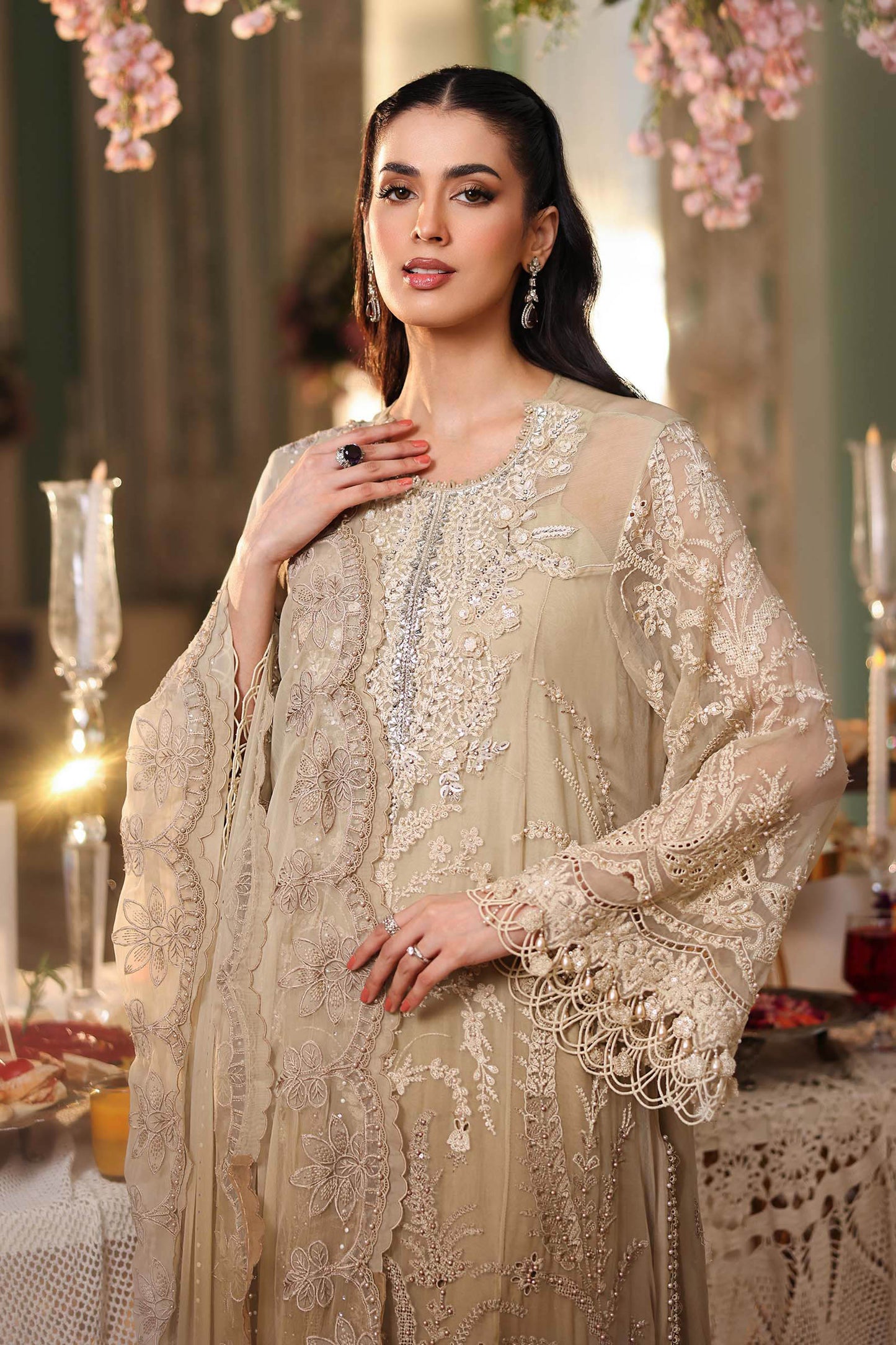 Maria B 3 Piece Unstitched Embroidered Chiffon Suit MPC-26-103-Olive Gold