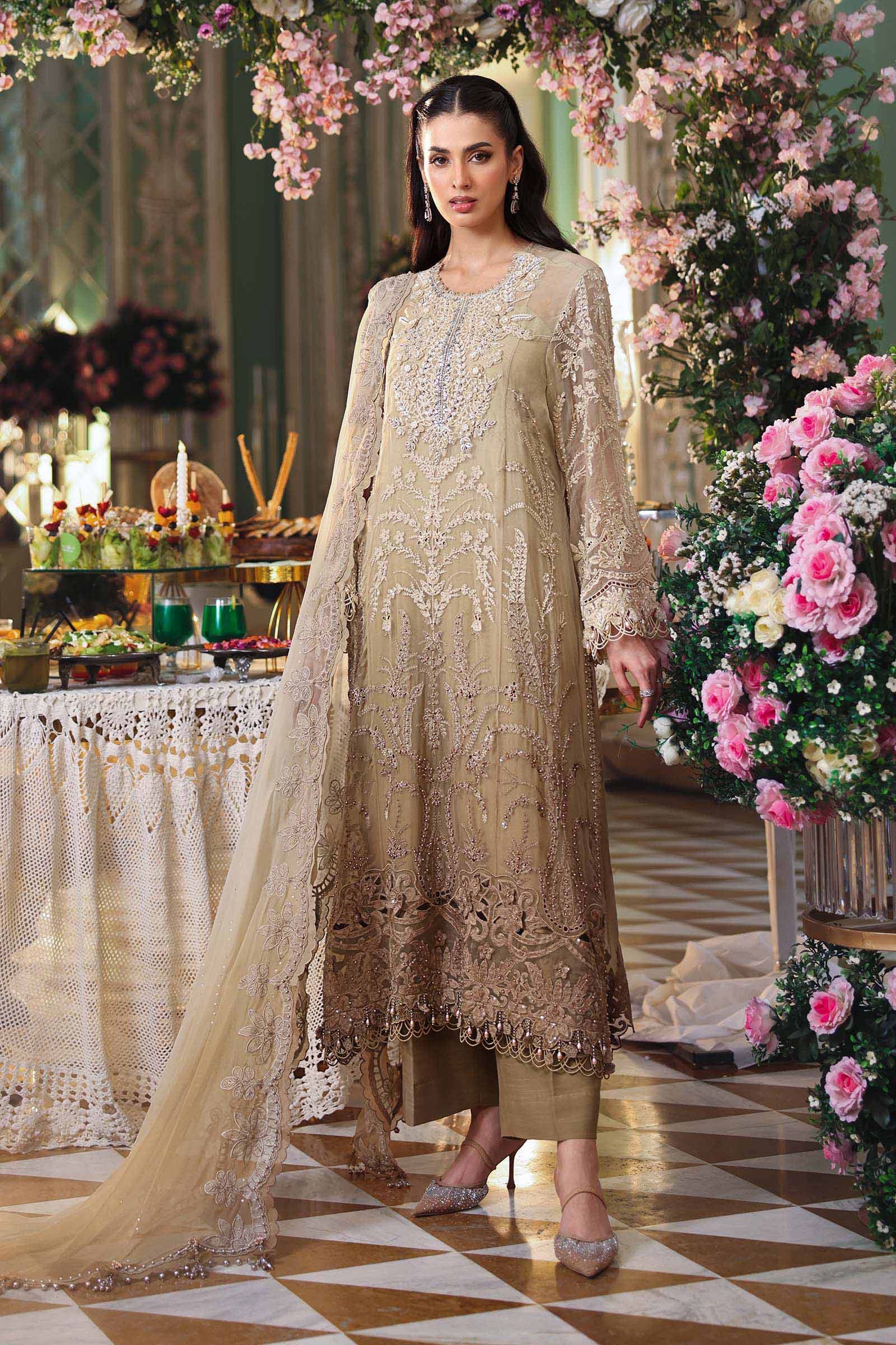 Maria B 3 Piece Unstitched Embroidered Chiffon Suit MPC-26-103-Olive Gold