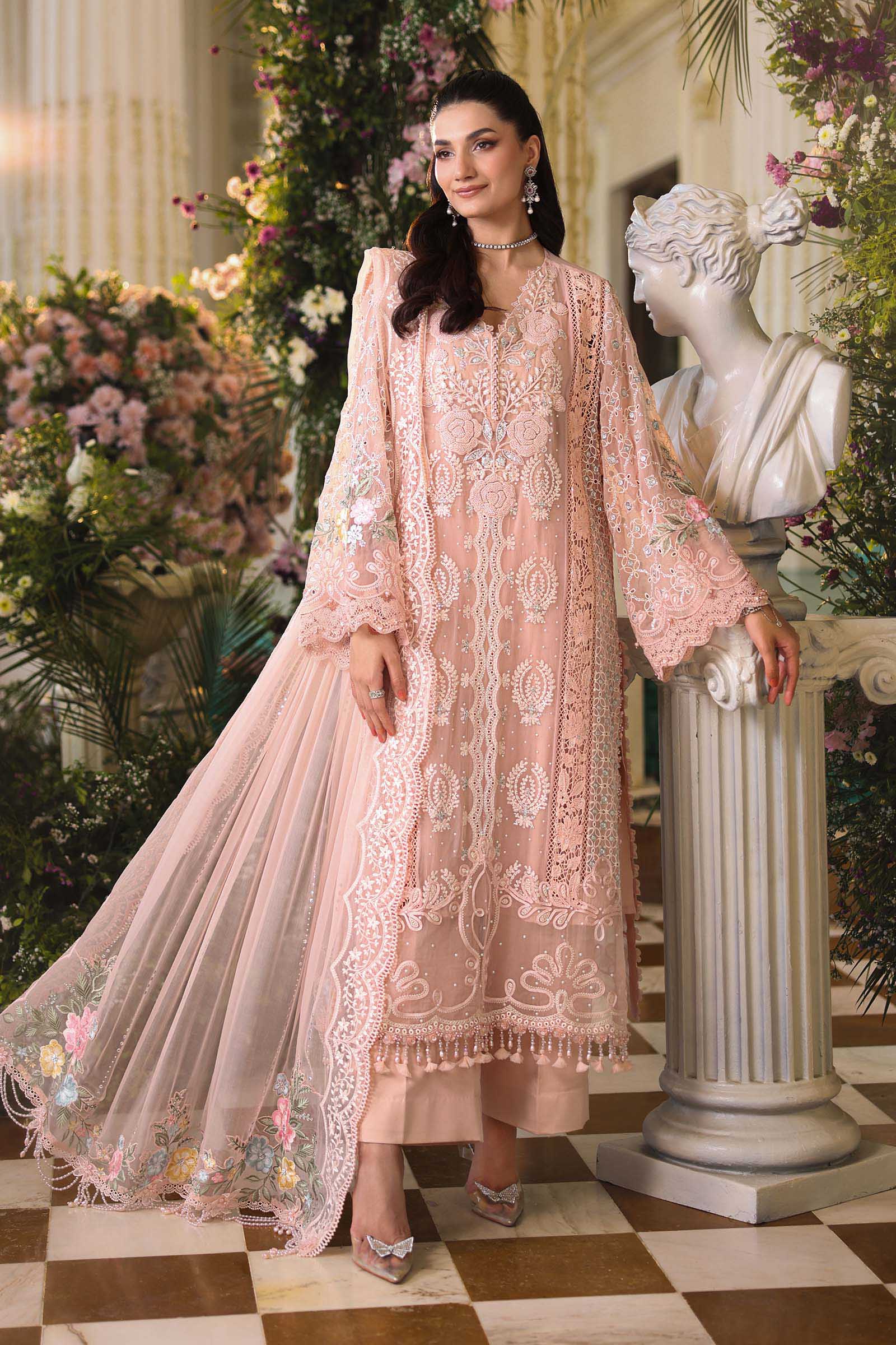 Maria B 3 Piece Unstitched Embroidered Chiffon Suit MPC-26-104-Peach Pink