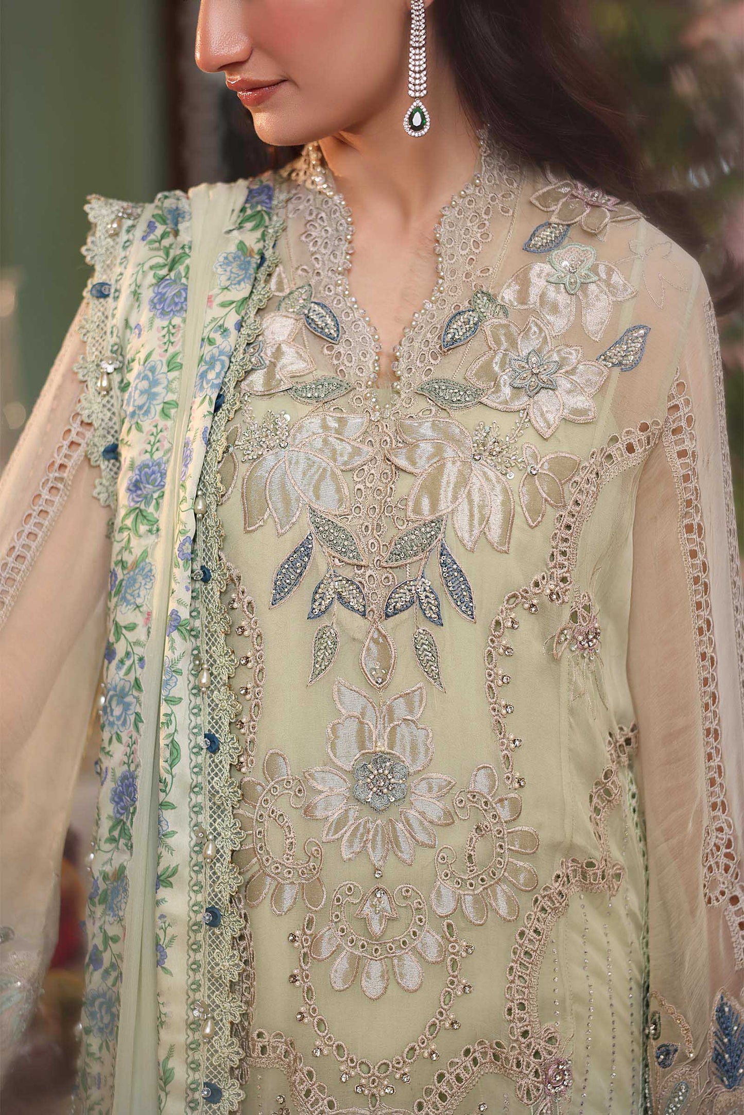 Maria B 3 Piece Unstitched Embroidered Chiffon Suit MPC-26-105-Pistachio Green