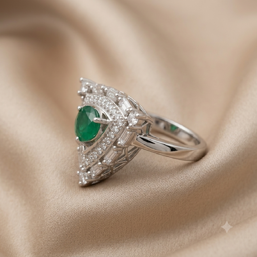Cubic Zirconia Shield Statement Ring in Silver and Green