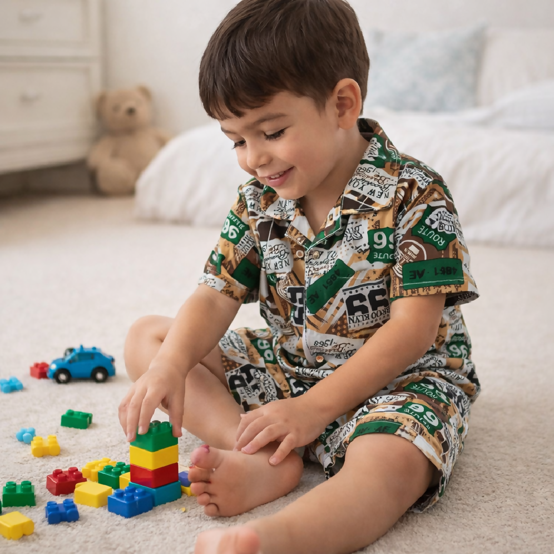 Kids Printed Linen Short Pajama Set