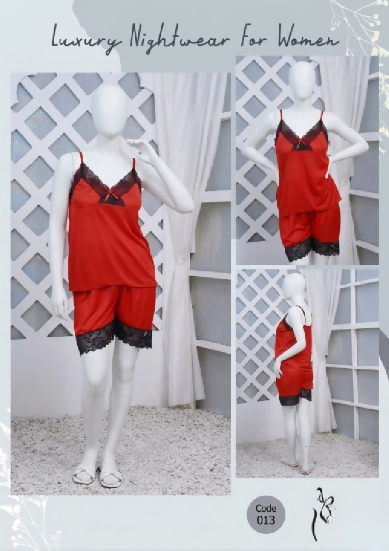 Womens Silk Nightwear Set with Black Lace 2 Piece Cami Top Shorts Sleepwear Free Size
