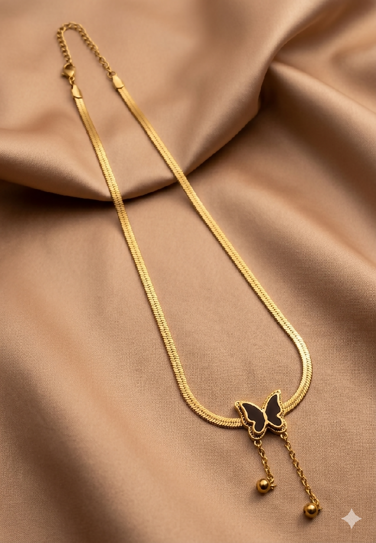 Stainless Steel Butterfly Charm Herringbone Necklace