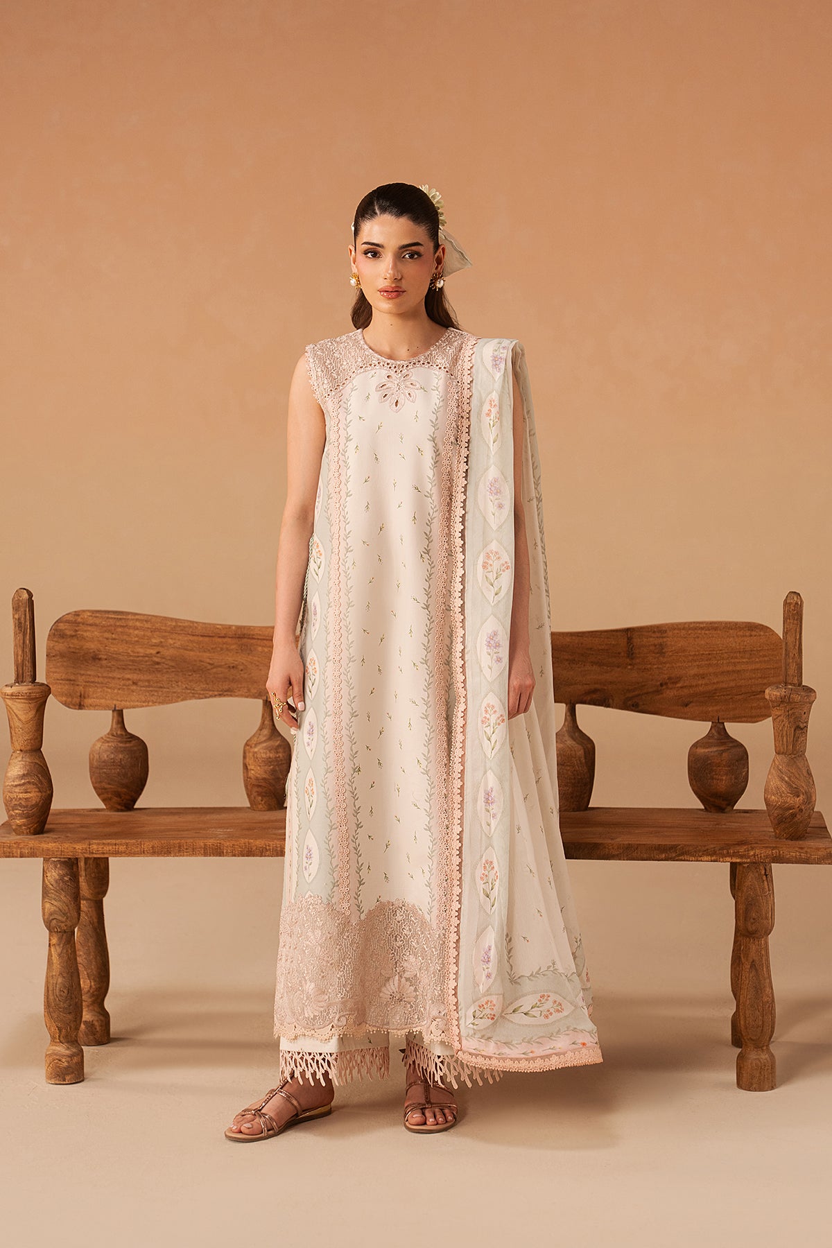 Afrozeh 3 Pc Unstitched Embroidered & Printed Lawn Suit Sunnival Ivory