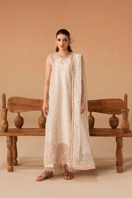 Afrozeh 3 Pc Unstitched Embroidered & Printed Lawn Suit Sunnival Ivory